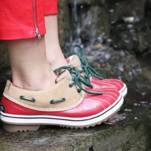 Sorel Red and Tan Winter Rain Boots